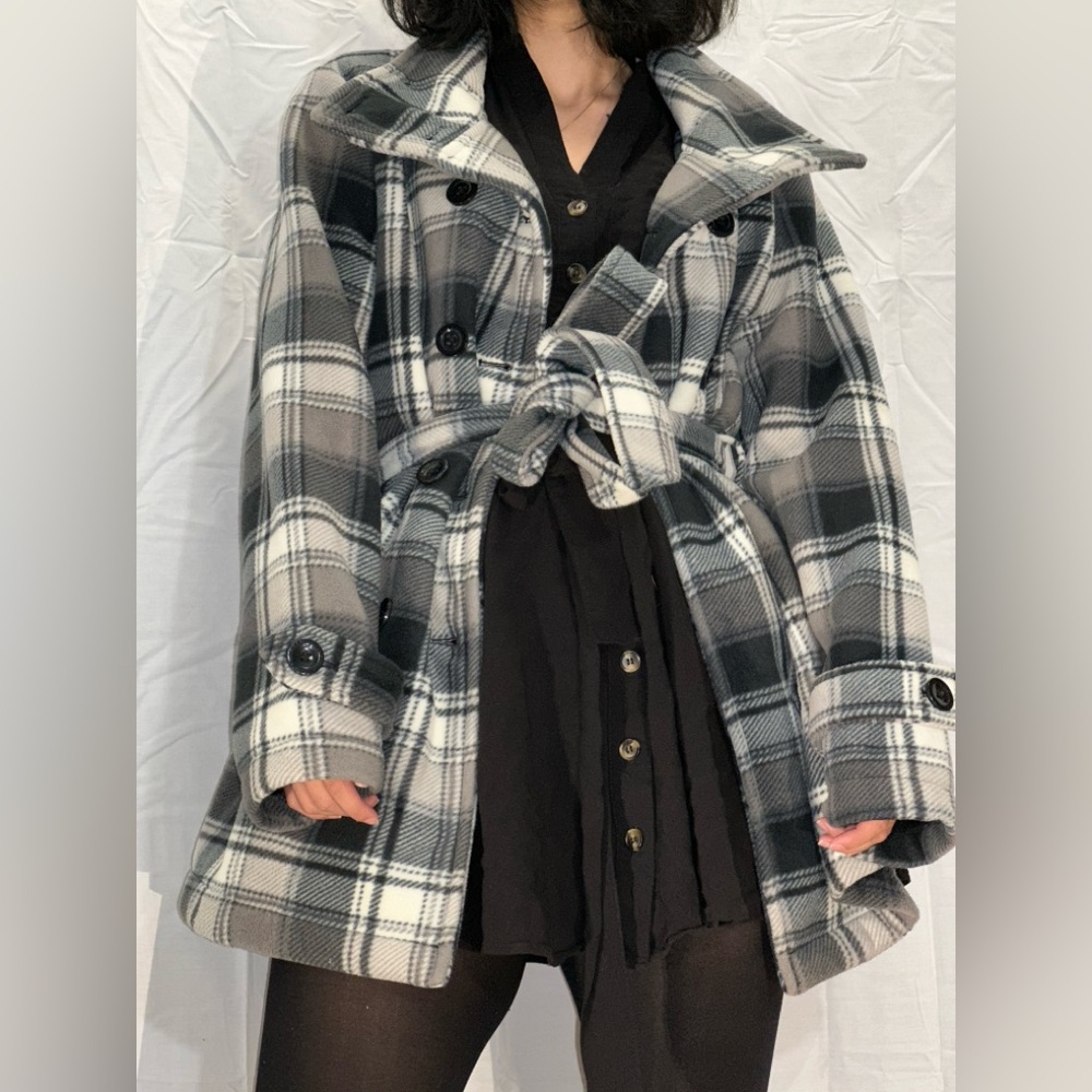 Ike Behar Black and Gray Plaid Pea Coat